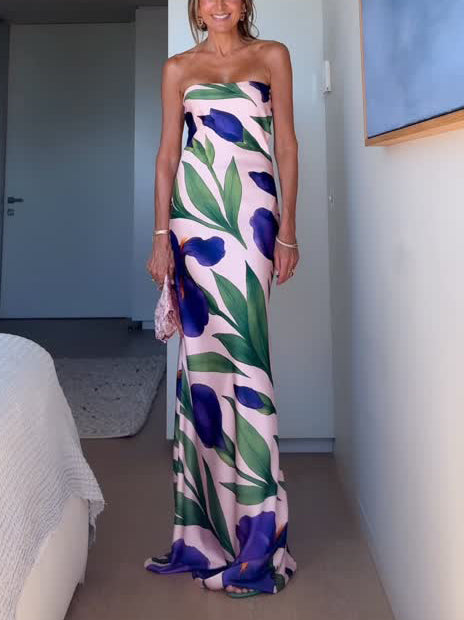 Elegant Strapless Satin Iris Floral Print Maxi Dress