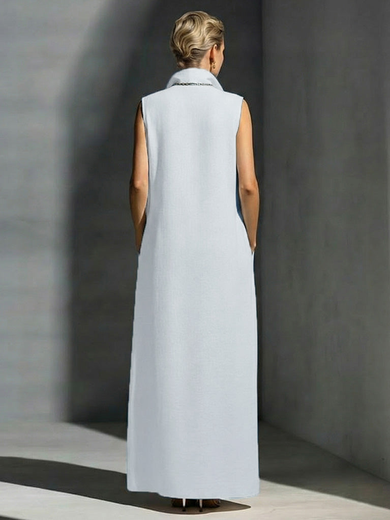 Elegant Sleeveless Deep V-Neck Contrast-Trim Maxi Dress