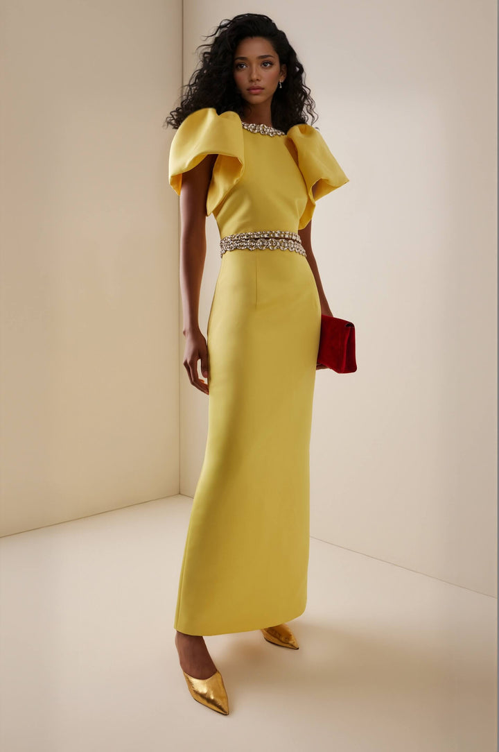Exquisite Rhinestone-Embellished Puff Sleeve Top And Slit Maxi Skirt Set