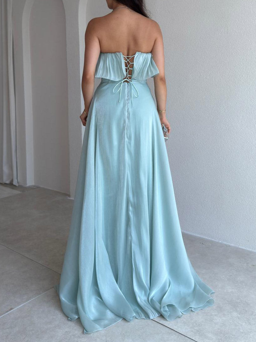 Elegant Strapless Ruffle High Slit Corset Maxi Dress