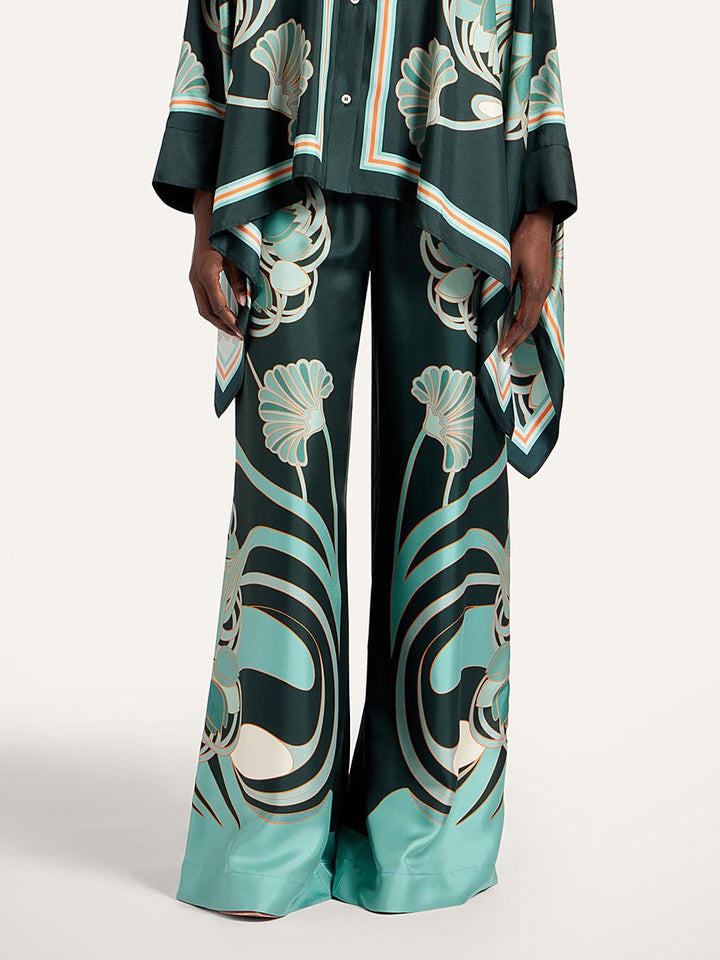 Elegant Abstract Print Satin Shirt & Wide Leg Pants Set
