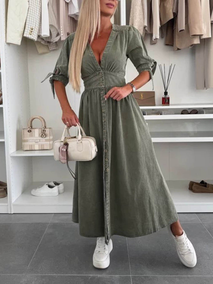 Unique Pleats Solid Color V-Neck Button-Down Denim Midi Dress