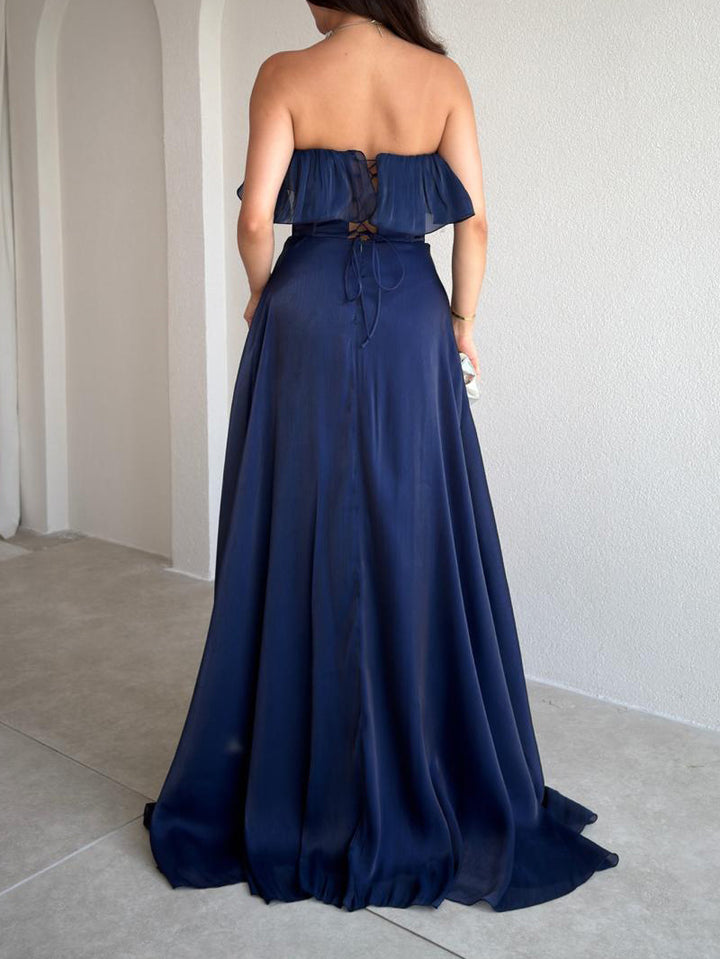 Elegant Strapless Ruffle High Slit Corset Maxi Dress