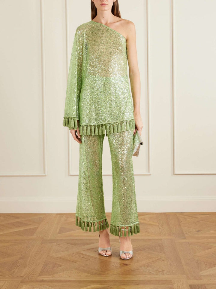 Elegant One-Shoulder Sequin Tassel Top & Flared Pants Two-Piece Set
