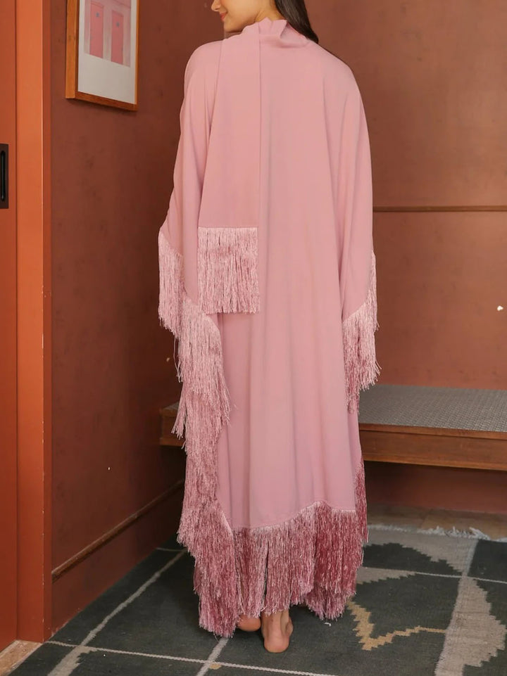 Elegant High-Neck Fringe Trim Asymmetrical Maxi Dress