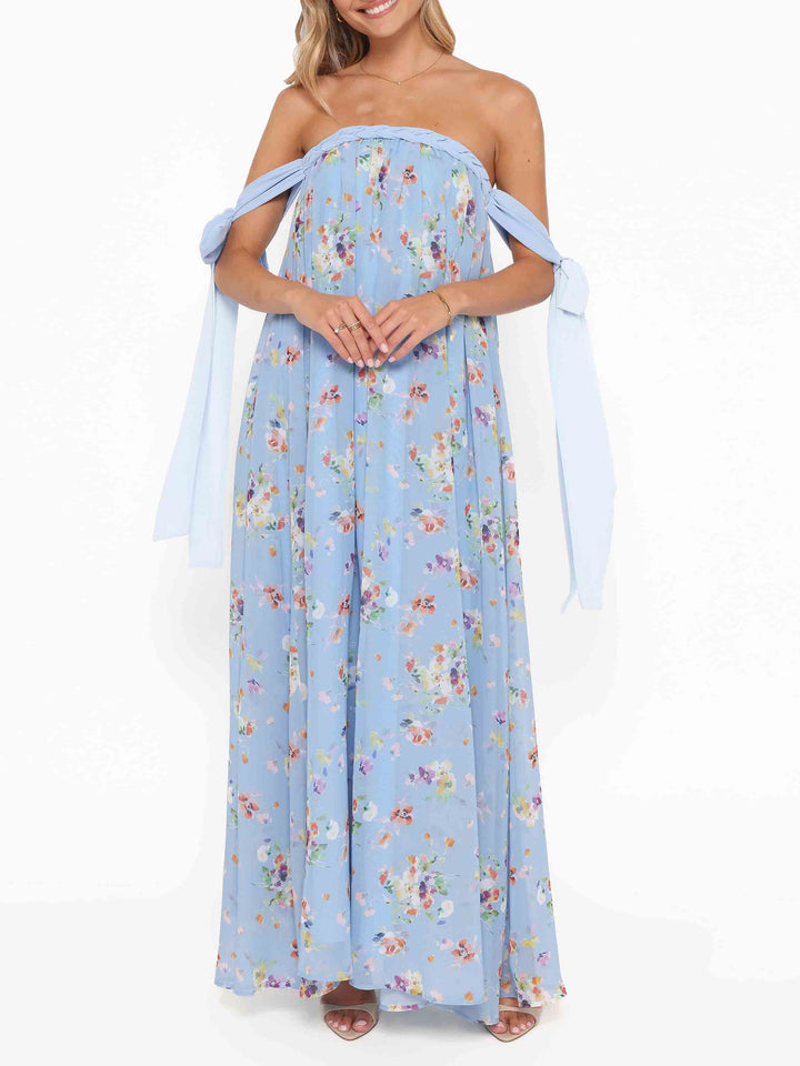 Light Blue Floral Tie Strap Maxi Dress