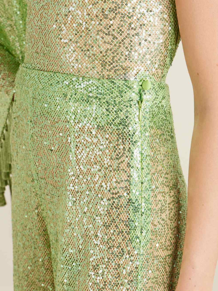 Elegant One-Shoulder Sequin Tassel Top & Flared Pants Two-Piece Set