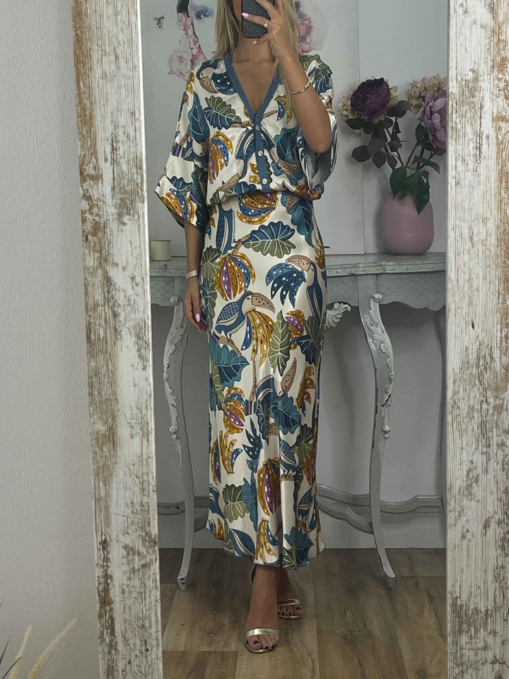 Retro Jungle Palm Leaf Satin Print Skirt