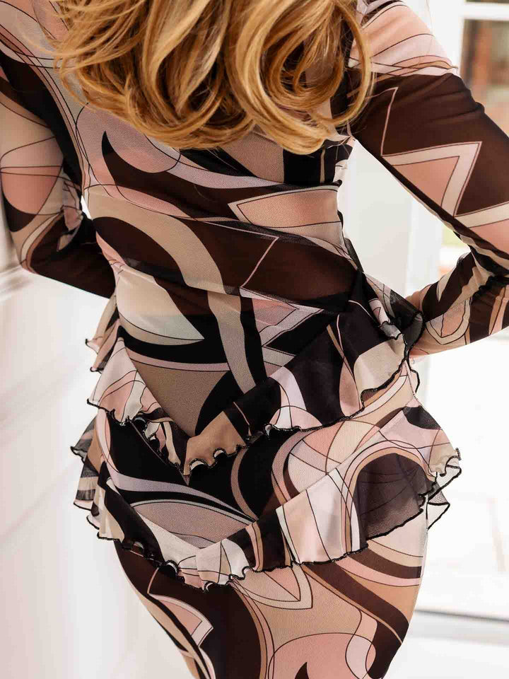Retro Abstract Print Ruffled Mesh Slim Maxi Dress