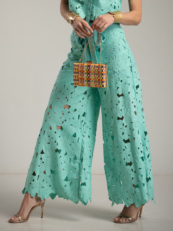 Casual Cutout Lace Shirt & Wide-Leg Pants Two-Piece Set