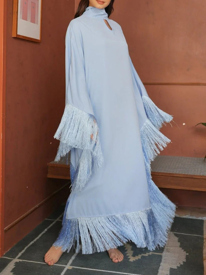 Elegant High-Neck Fringe Trim Asymmetrical Maxi Dress