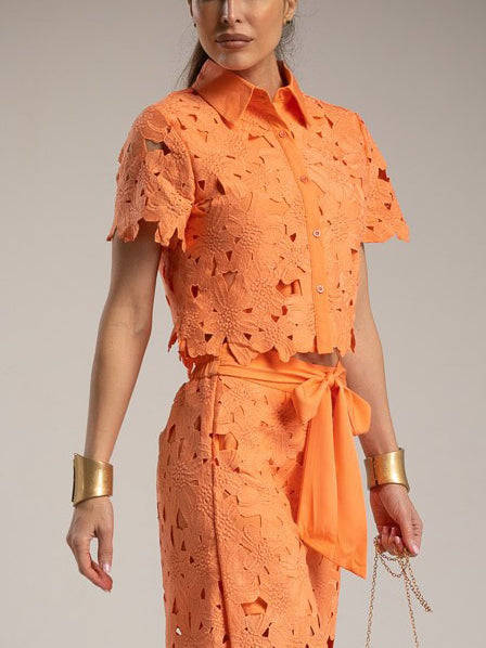Casual Cutout Lace Short Sleeve Shirt