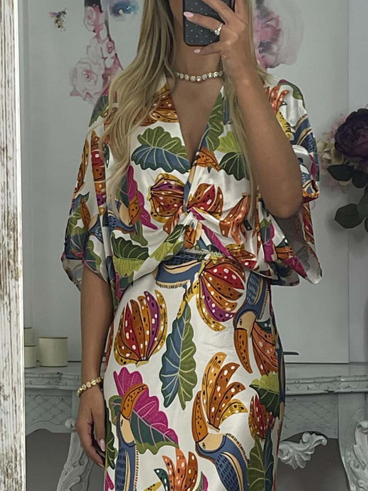 Retro Jungle Palm Leaf Satin Print Skirt