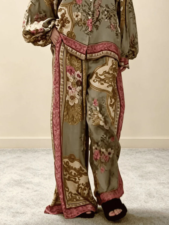 Retro Floral Baroque Print Satin Button-Up Shirt