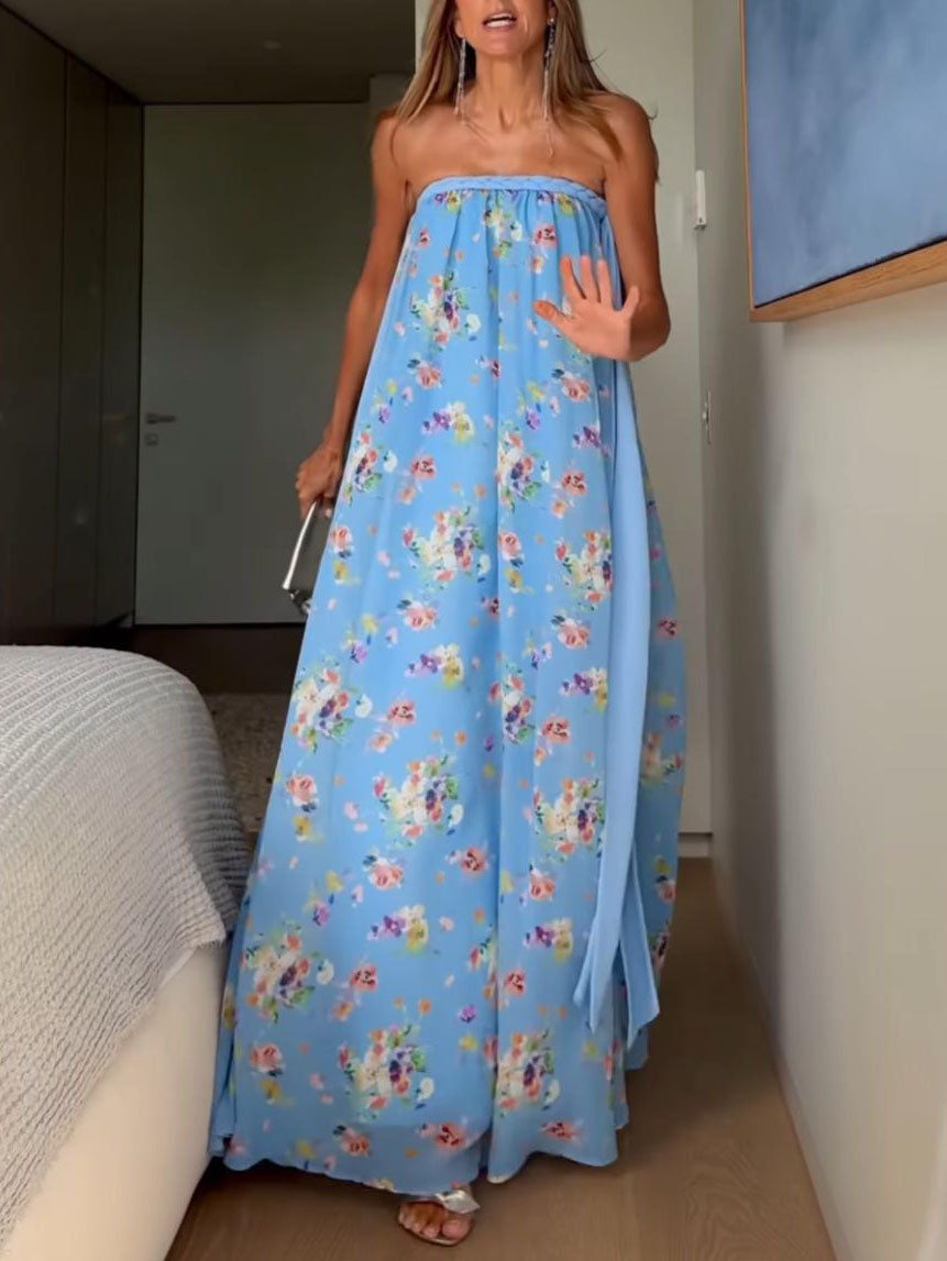 Light Blue Floral Tie Strap Maxi Dress
