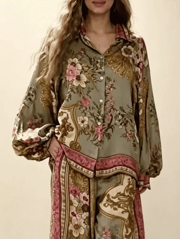 Retro Floral Baroque Print Satin Shirt & Wide-Leg Pants Set