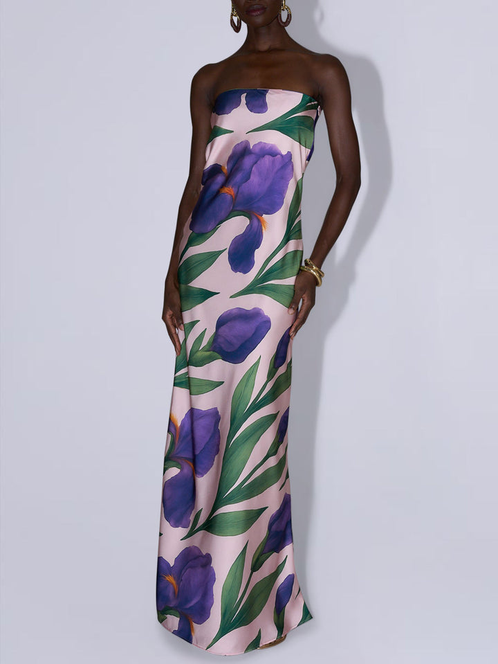 Elegant Strapless Satin Iris Floral Print Maxi Dress