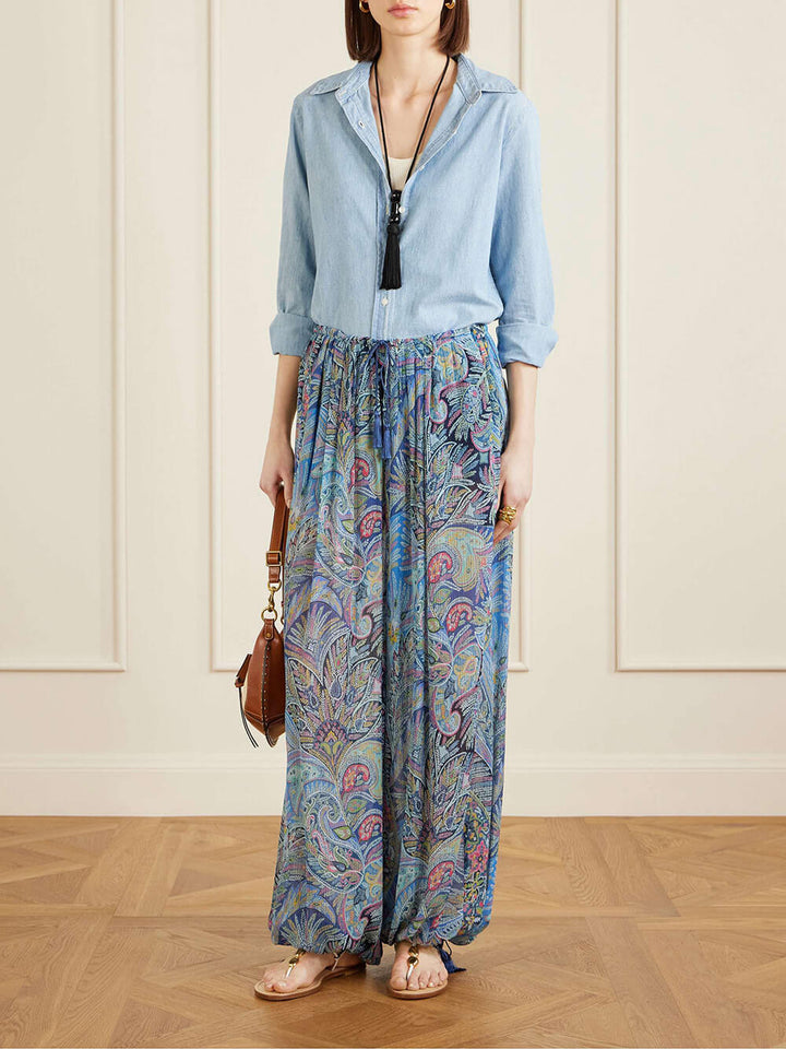 Exquisite Printed Crepe Wide-Leg Pants