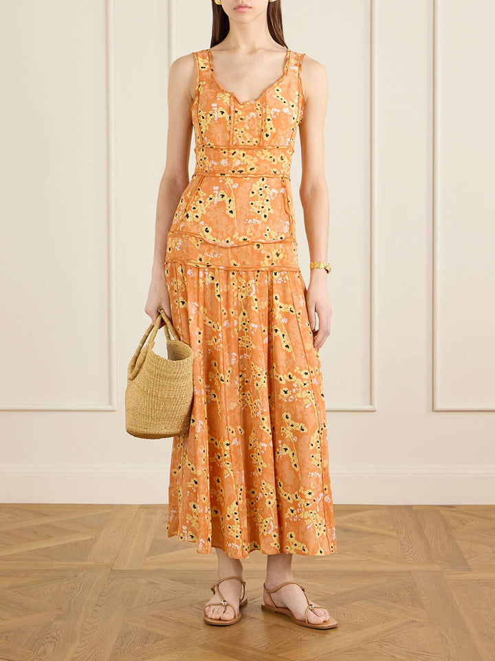 Unique Patchwork Print Satin Maxi Dress