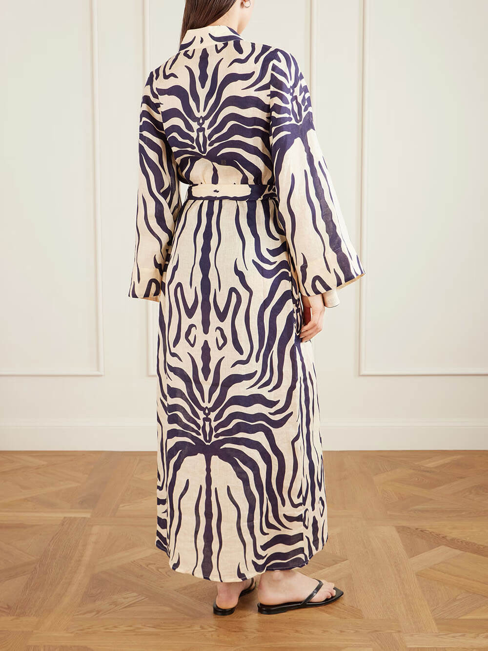 Casual Vacation Tie-Waist Zebra Print Linen Kimono Dress