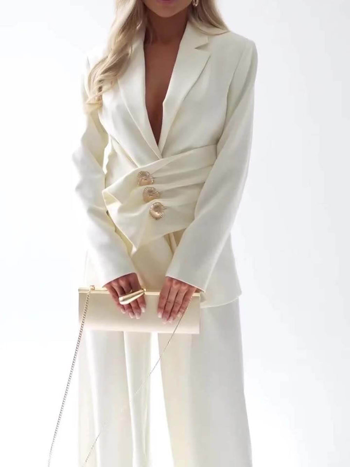 Unique Casual Pocket Blazer Wide-Leg Pants
