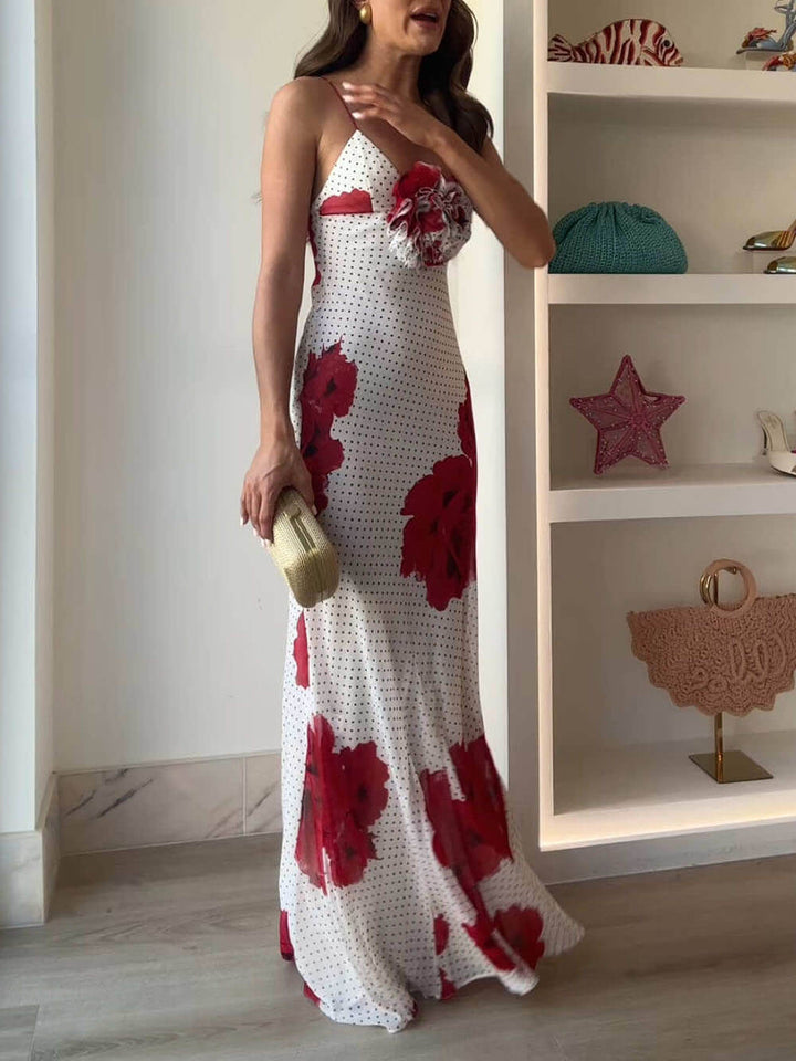 Elegant Poka Dot Floral Print  Flower Detail Slip Maxi Dress