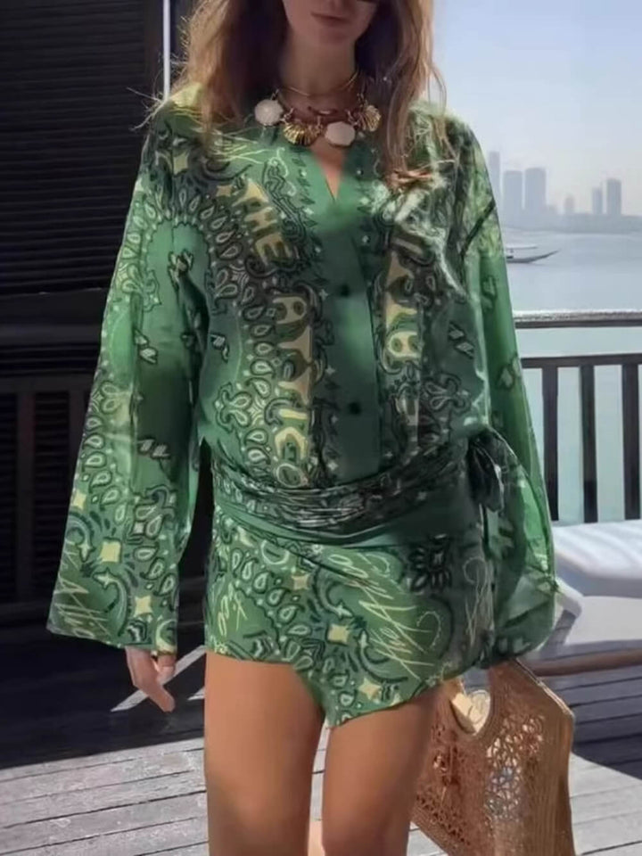Vacation Print V-Neck Flare Sleeve Asymmetric Hem Mini Dress