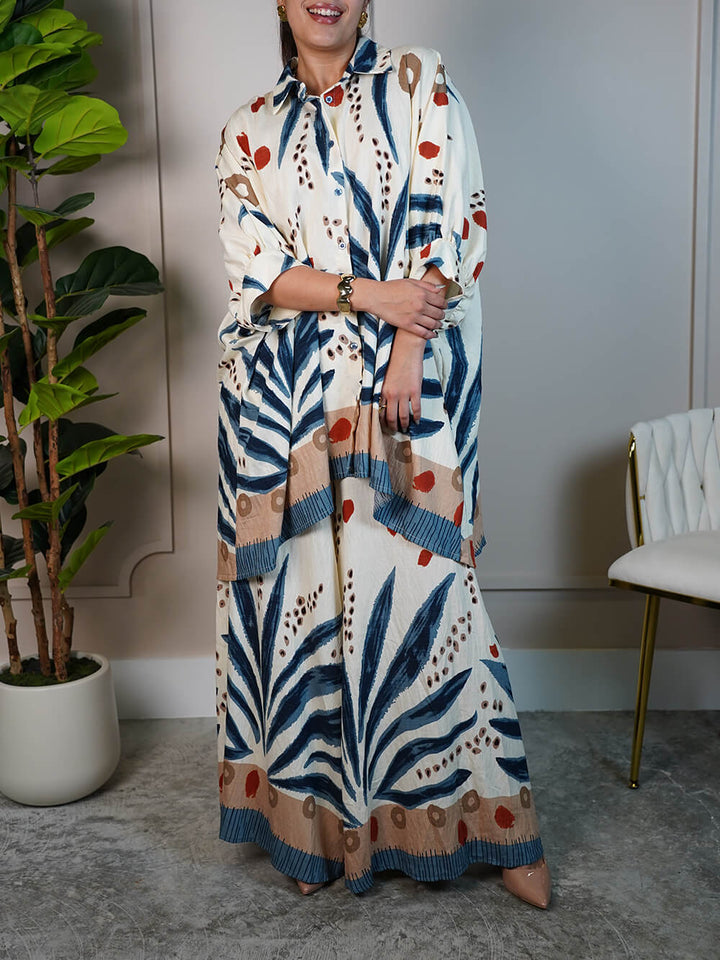 Unique Patchwork Print Elastic Waist Loose Pocket Wide Leg Pants