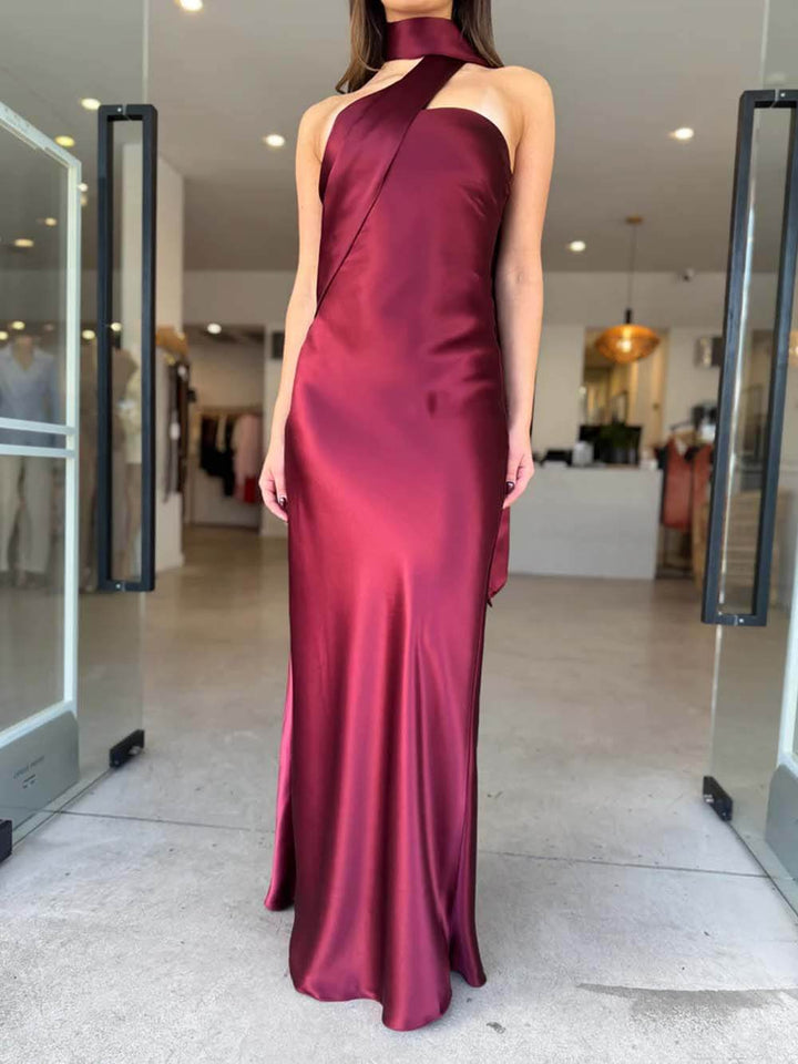 Elegant Satin Tie-Detail Party Maxi Dress