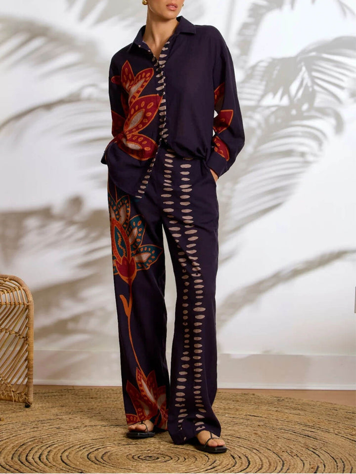 Exquisite Floral Print Linen Button-Down Loose Top