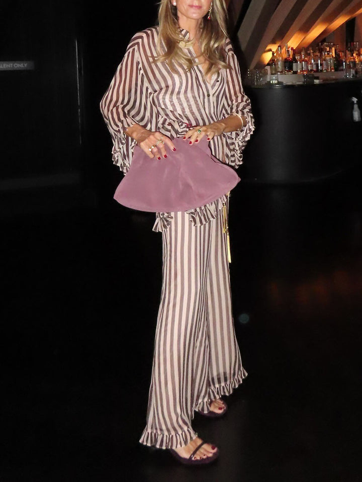 Classic Stripe Print Ruffle Paneled Elastic Waist Wide-Leg Pants