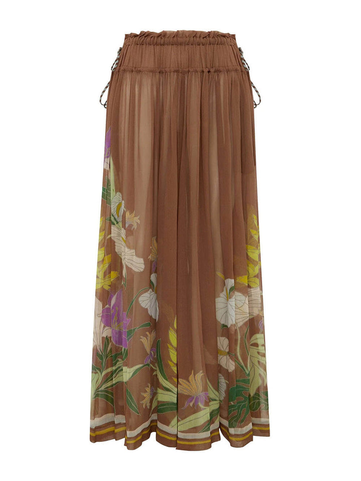 Delicate Ruffle Printed Drawstring Slit Wide-Leg Pants