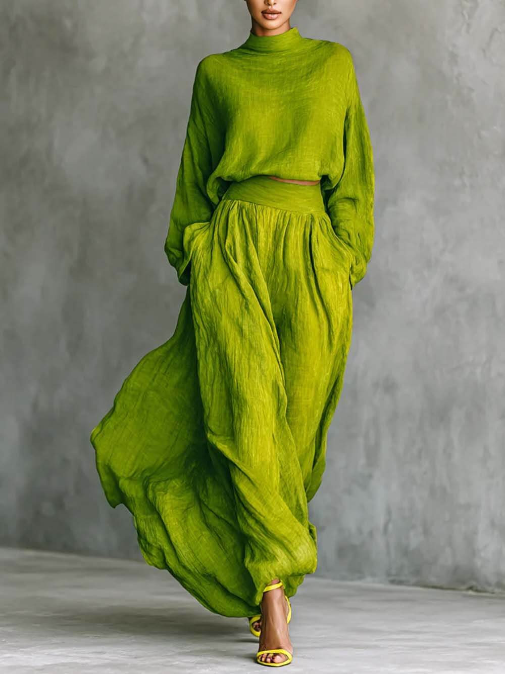 Casual Green Pleated High-Waist Pocket Skirt