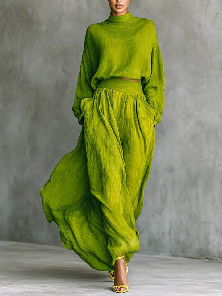 Casual Green Pleated High-Waist Pocket Skirt