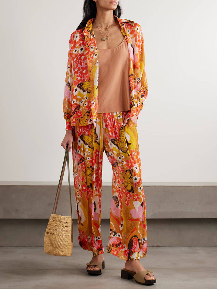 Unique Butterfly Print Relaxed Button-Up Shirt