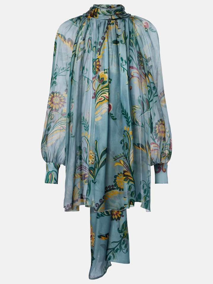 Delicate Floral Pleated Chiffon Blouse High-Waist Straight-Leg Pants Set