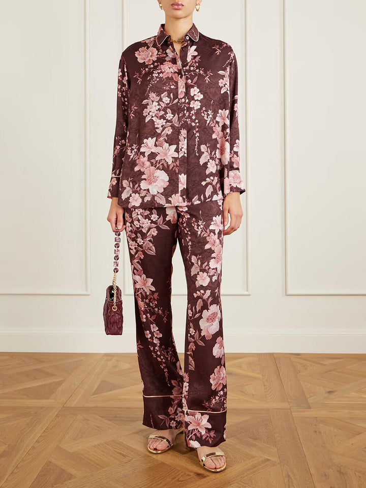 Exquisite Floral Print Satin Piped Straight-Leg Pants