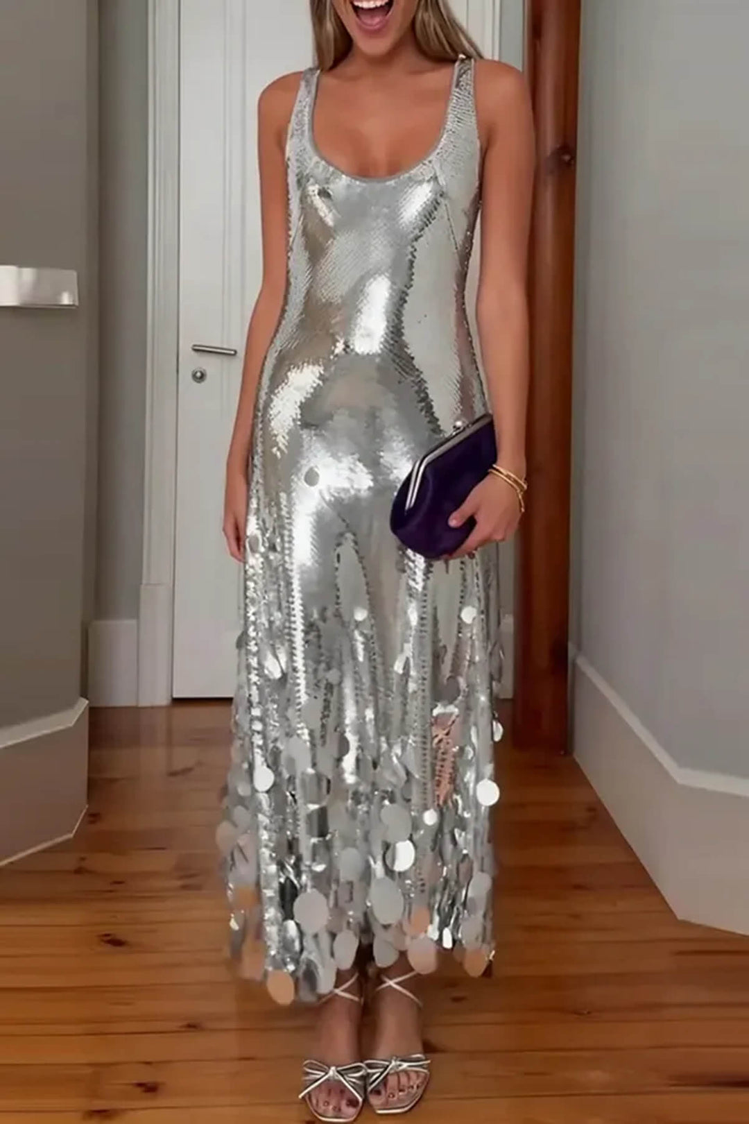 Exquisite Party Tips Sequin Irregular Round Tassels Hem Back Cutout Tank Maxi Dress