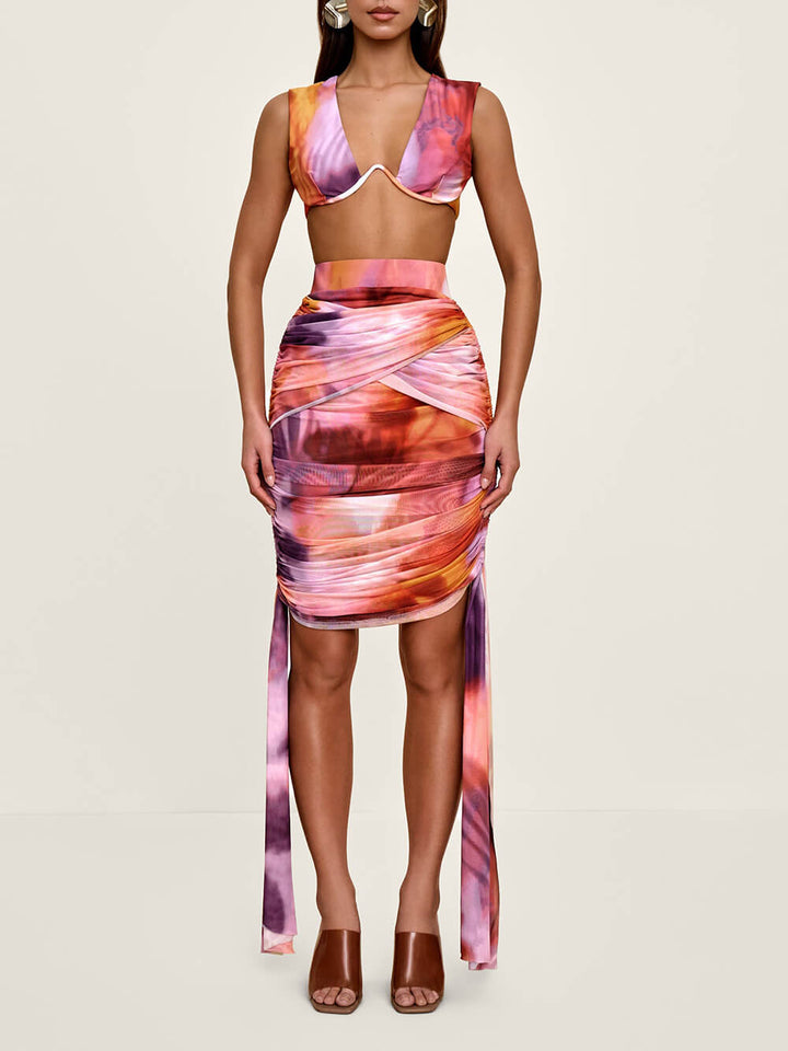 Fashion Tie-Dye Print Crop Tank And Adjustable Drawstring Waist Mini Skirt Set