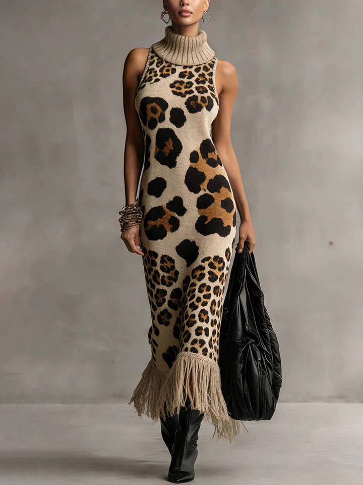 Leopard Print Turtleneck Sleeveless Fringe Bodycon Knit Maxi Dress