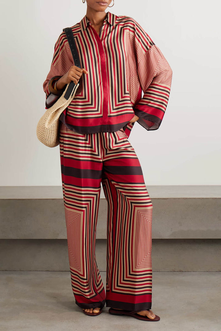 Unique Striped Print Satin Elastic-Waist Wide-Leg Pants