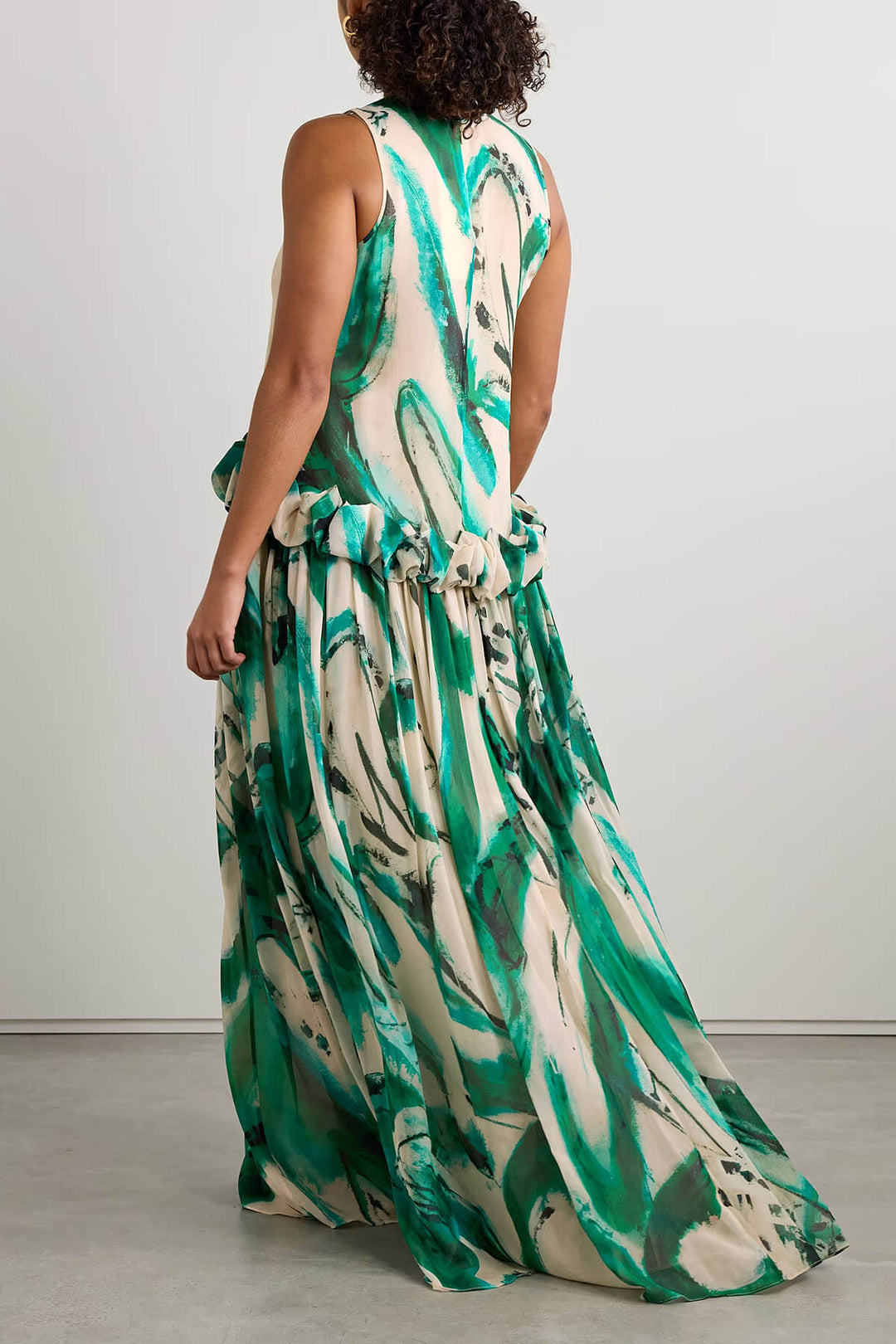 Exquisite Ruffled Print Satin Loose Maxi Dress