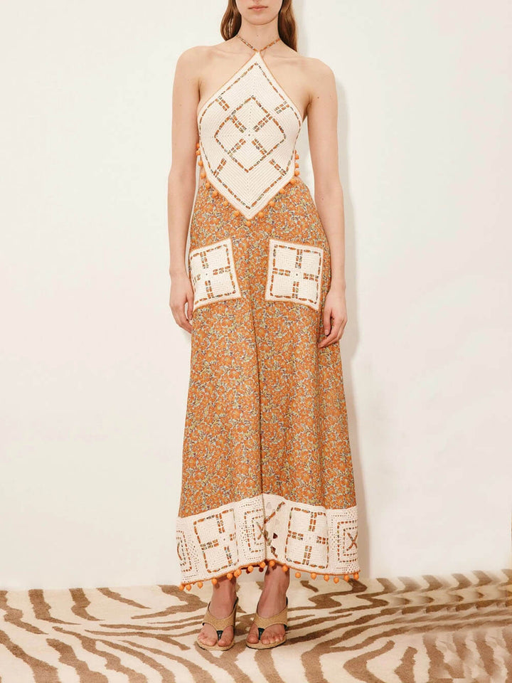 Retro Print Crochet Backless Maxi Dress