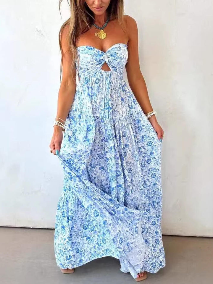 Bohemian Strapless Floral Twist Cutout Flowy Maxi Dress