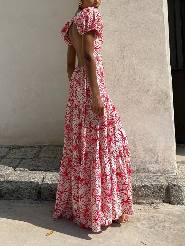 Beautiful Floral Print Cutout Open Back Pleated Maxi Dress