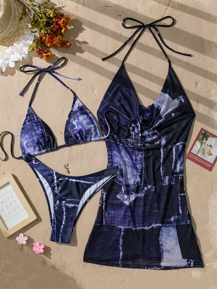 Sexy Backless Denim Print Cover-up Bikini Three-Piece Set