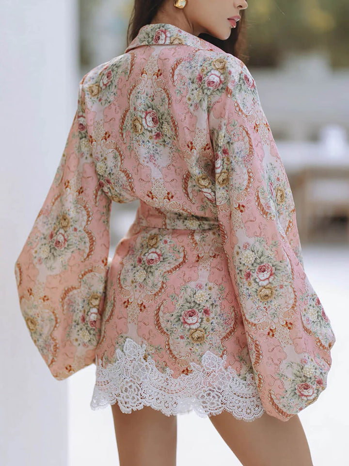 Elegant Floral Print Lantern Sleeve Shirt And Lace Wrap Mini Skirt Set