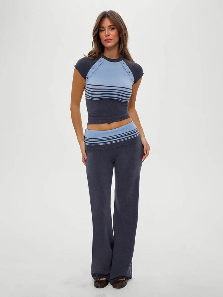 Retro Striped Button-Up Knit Shirt And Low-Rise Knit Pants Set