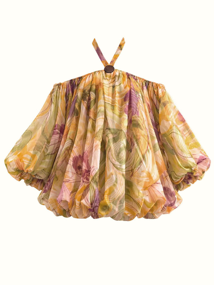 Exquisite Print Halter Neck Off-Shoulder Ruffled Bubble Mini Dress