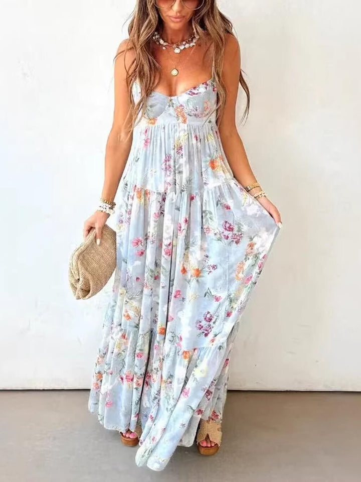Bohemian Floral Print Spaghetti Strap Flowy Maxi Dress